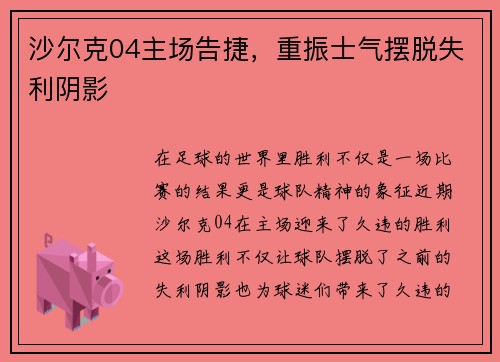 沙尔克04主场告捷，重振士气摆脱失利阴影